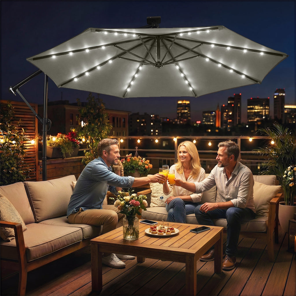 9.7 ft Cantilever Patio Umbrella with Solar LED Light and Cover, Grey