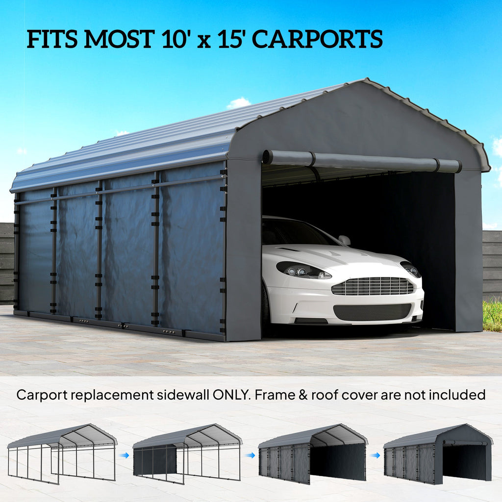 Carport Sidewalls with Roll-Up Door for 10' x 15' Structure, UPF50+ Waterproof PE Tarp, Dark Grey