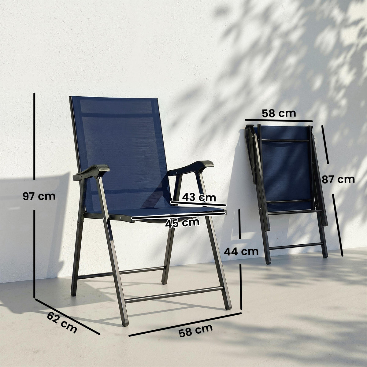 Set of 4 Folding Garden Chairs with High Back and Armrests, Navy Blue