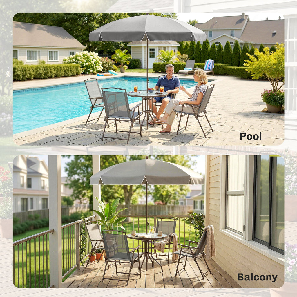 6 Piece Garden Dining Set with Umbrella and Folding Chairs, Dark Grey