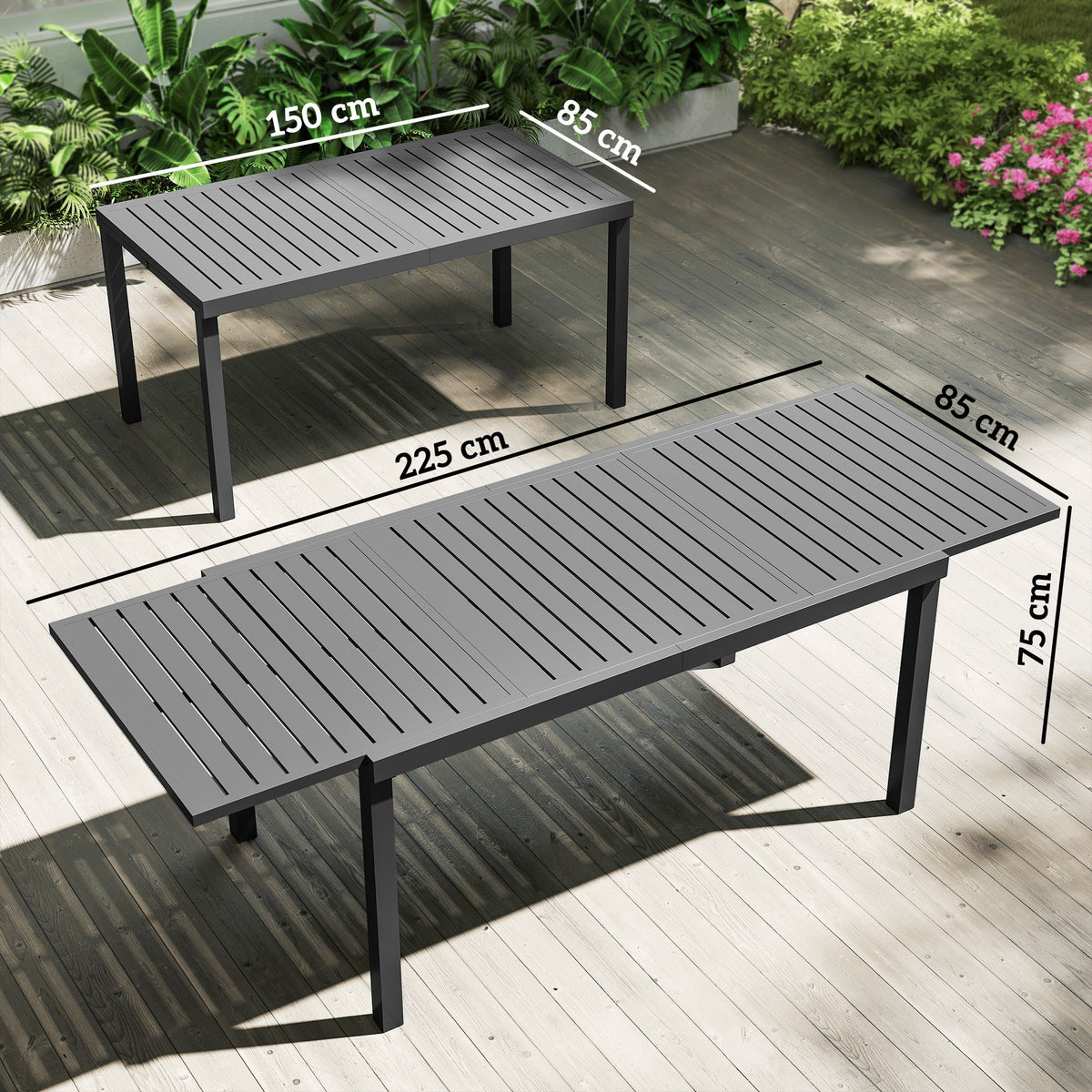 150/225 x 85 x 75 cm Extending Garden Table for 6-8, Dark Grey