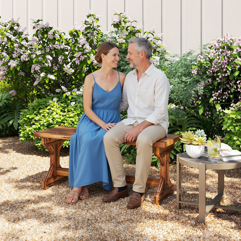 2-Person Outdoor Wooden Bench with Farmhouse X-Shaped Base, Carbonized