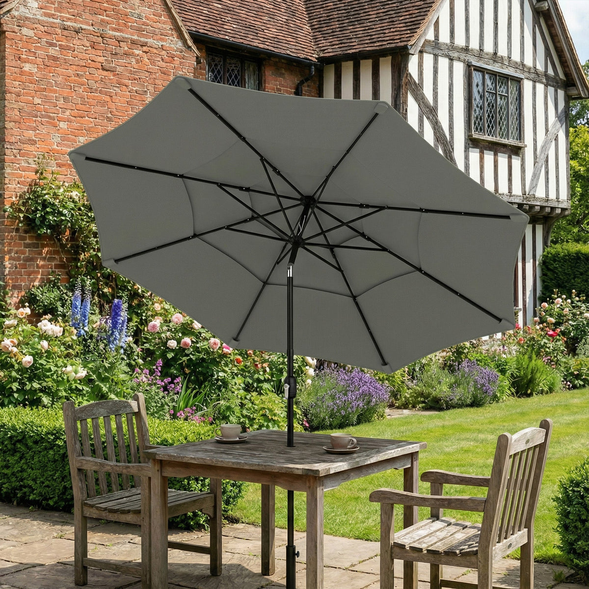 3 m Garden Parasol with 3-Tier Roof, Crank Handle & Tilt, Grey