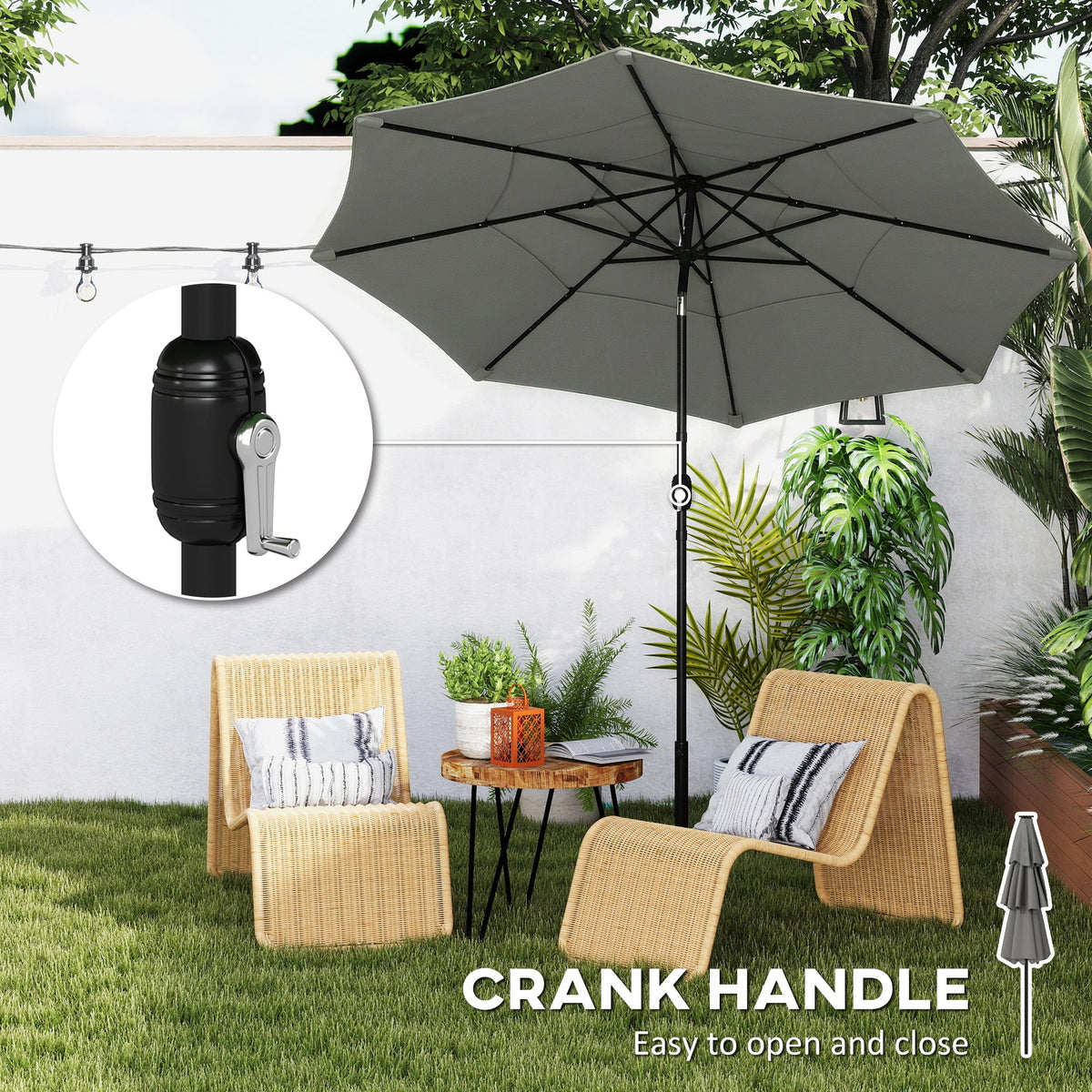 3 m Garden Parasol with 3-Tier Roof, Crank Handle & Tilt, Grey