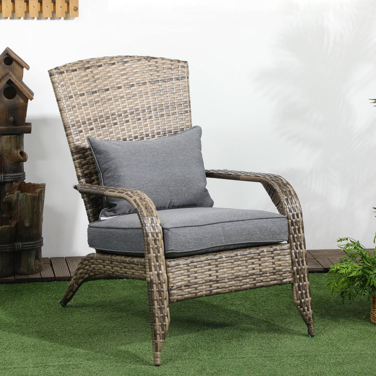 Patio Wicker Adirondack Chair with Soft Cushions, Mixed Grey