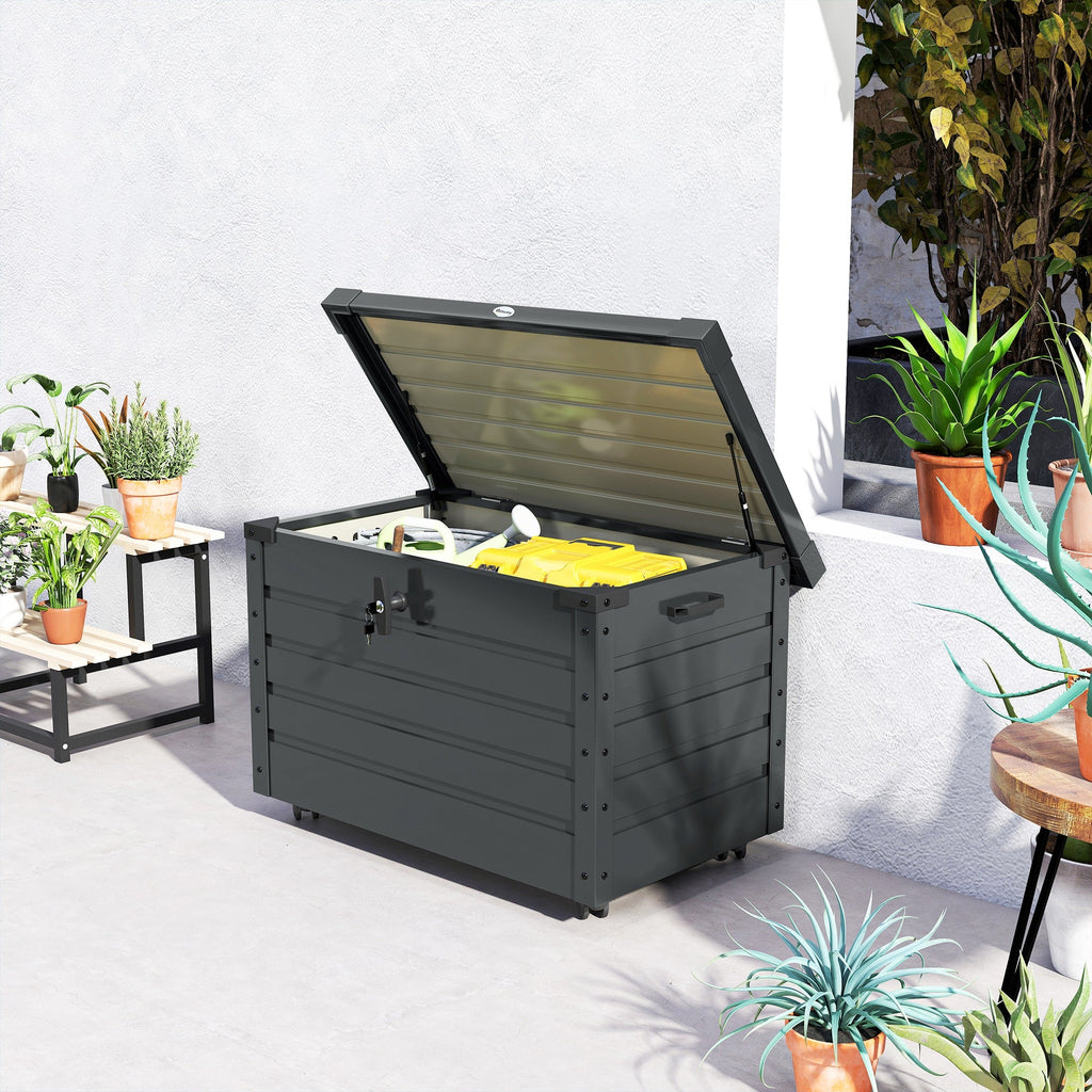 78 Gallon Galvanized Steel Deck Box with Wheels and Handles, Dark Grey