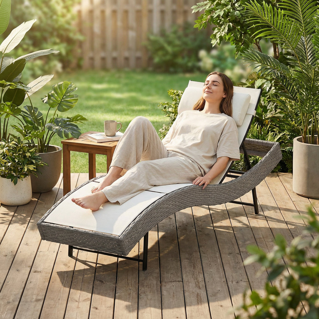 Rattan Sun Lounger with S-Shaped Seat and 5-Position Backrest, Cream White