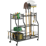 Garden Tool Organizer with 74 Slots, 4 Wheels and 11 Hooks, Black