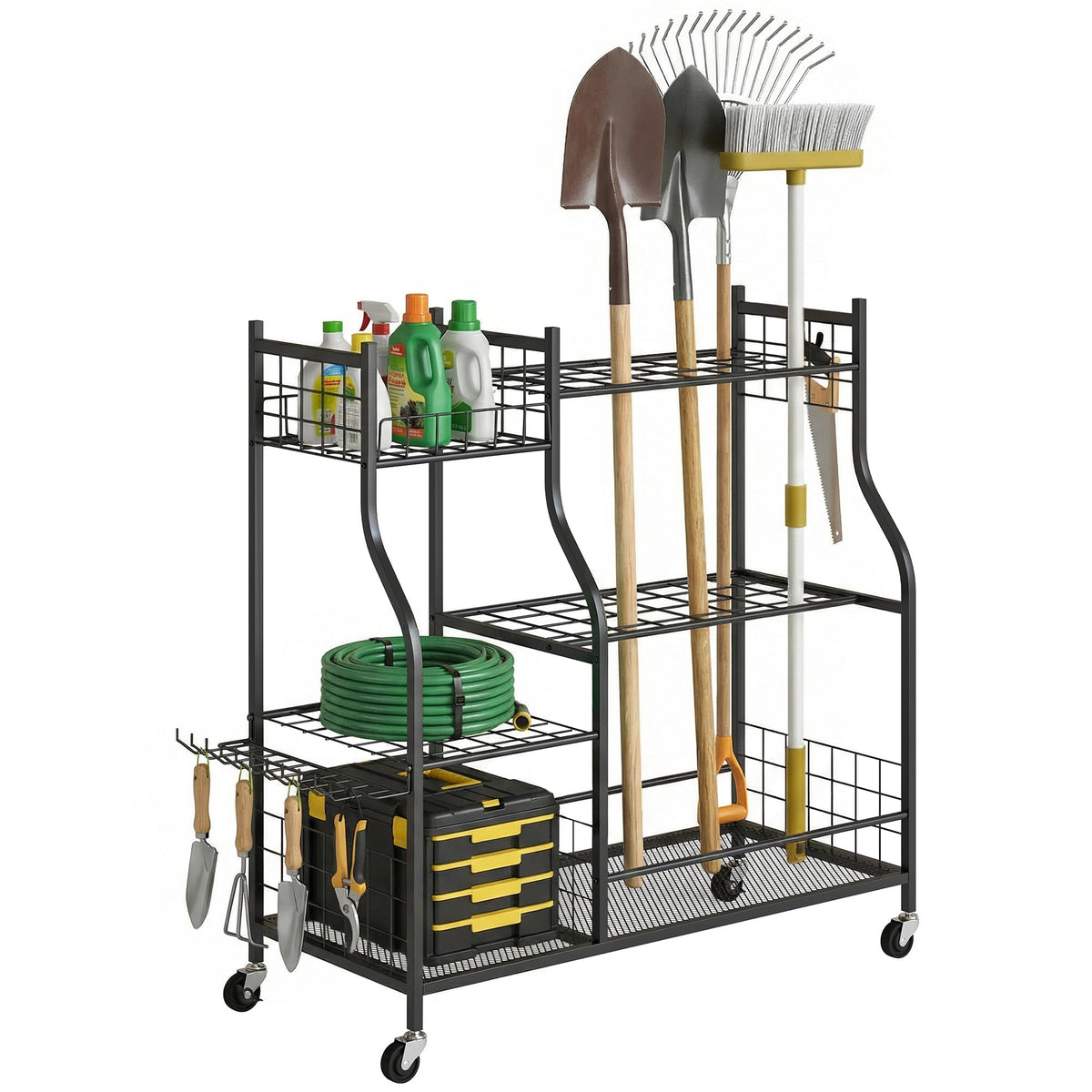 Garden Tool Organizer with 74 Slots, 4 Wheels and 11 Hooks, Black