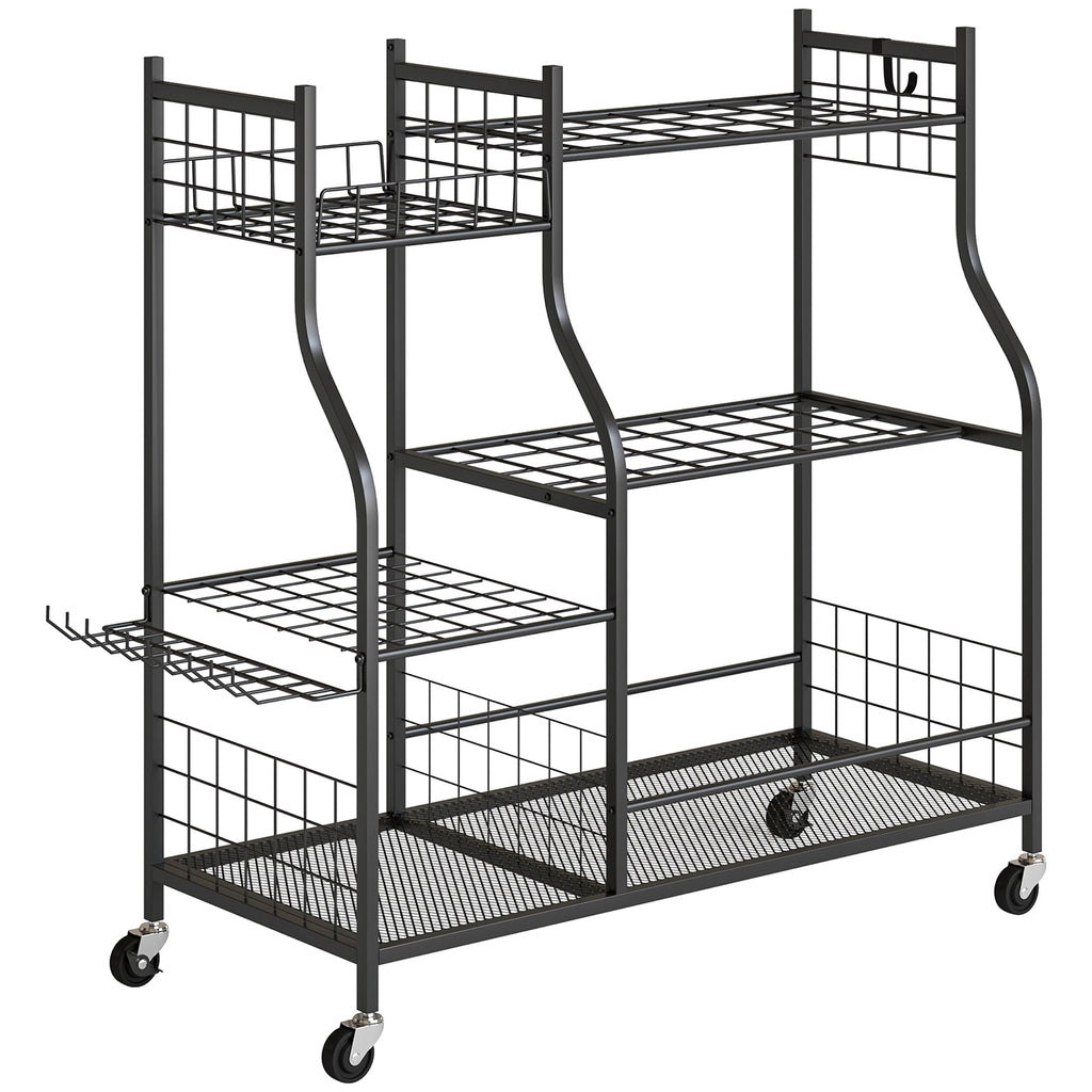 Garden Tool Organizer with 74 Slots, 4 Wheels and 11 Hooks, Black