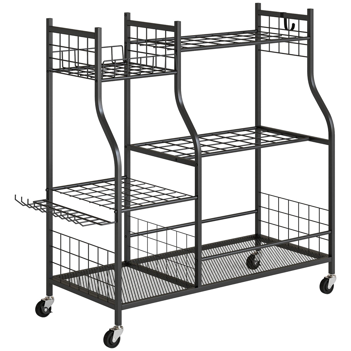 Garden Tool Organizer with 74 Slots, 4 Wheels and 11 Hooks, Black