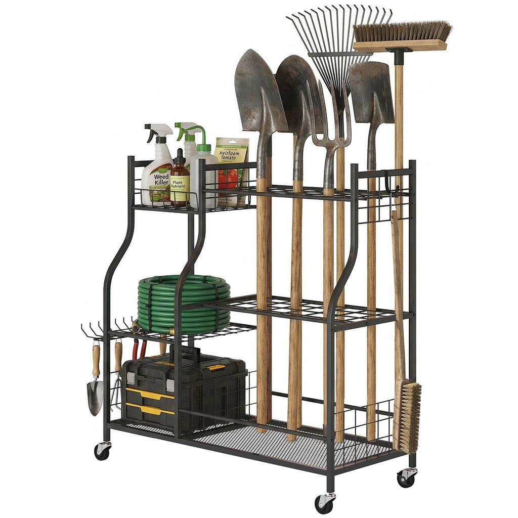 Garden Tool Organizer with 74 Slots, 4 Wheels and 11 Hooks, Black