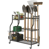 Garden Tool Organizer with 74 Slots, 4 Wheels and 11 Hooks, Black