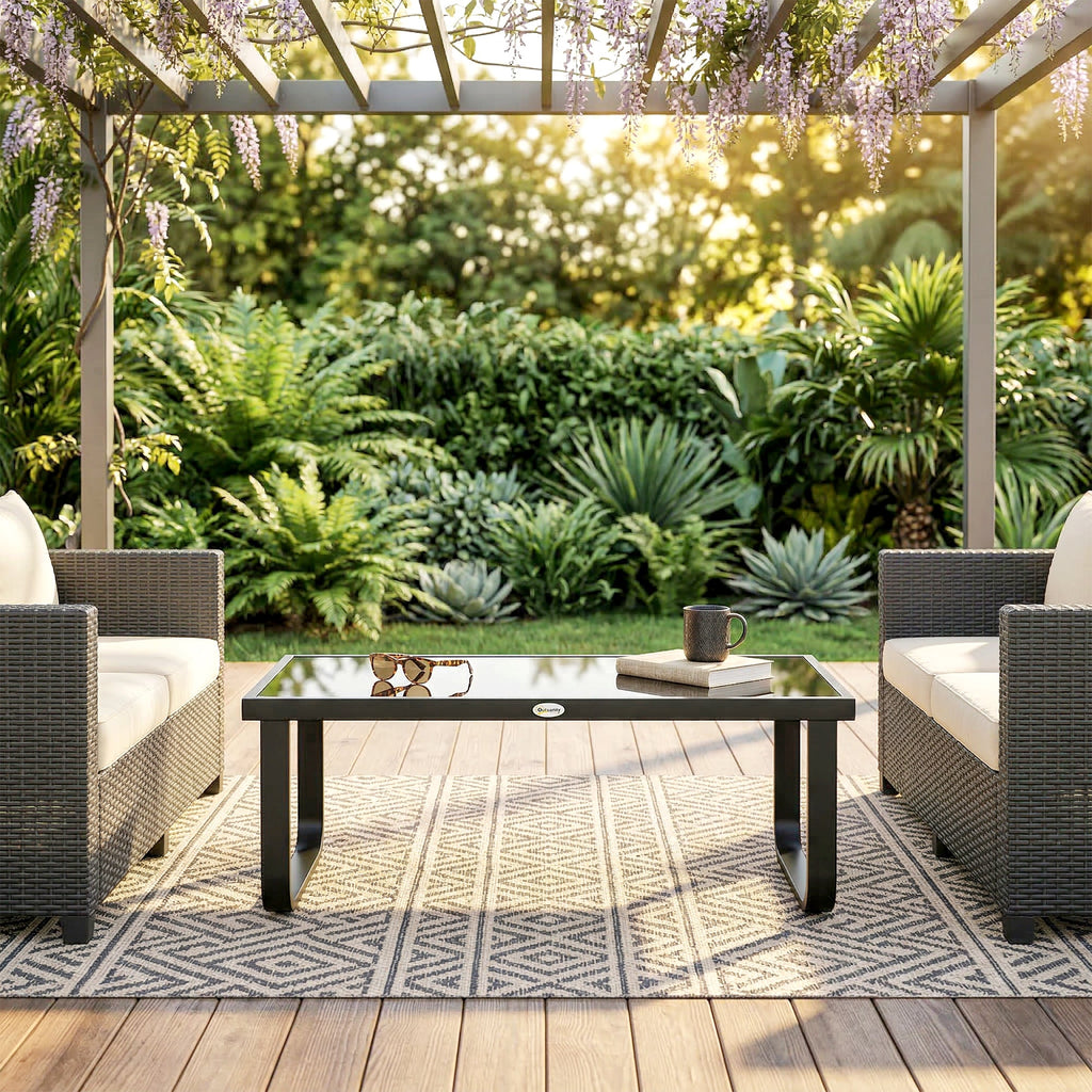 Outdoor Metal Coffee Table 90x45x33 cm with Tempered Glass Top, Black