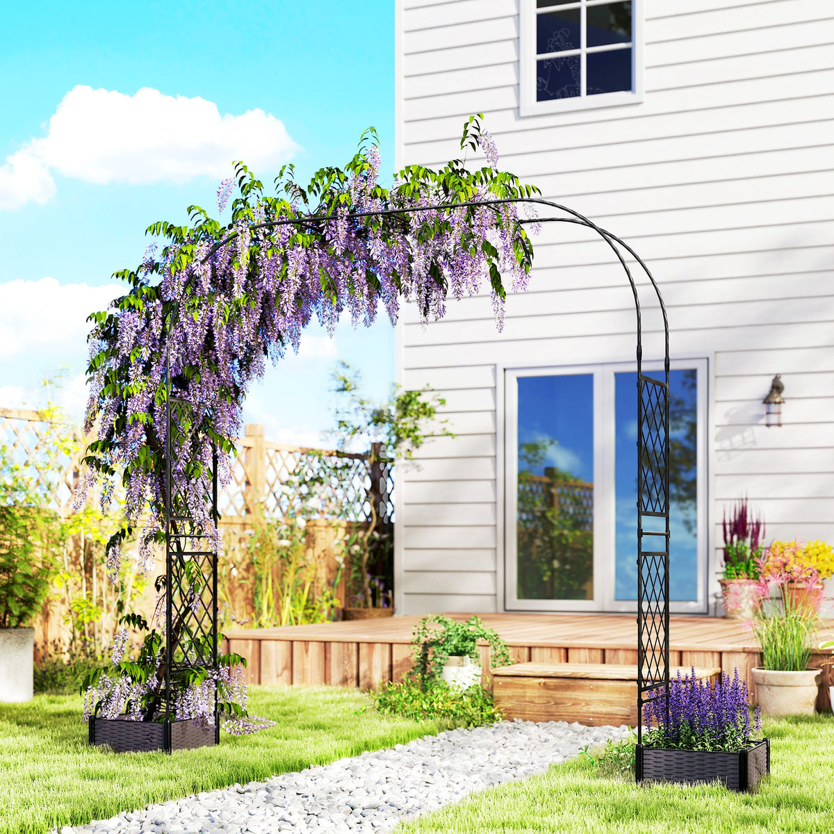 7.2ft Garden Arch with 2 Planter Boxes for Climbing Plants, Black