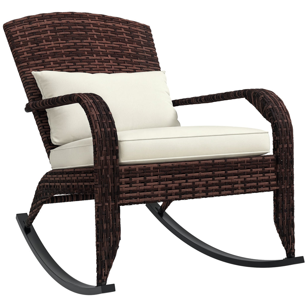 Wicker Adirondack Rocking Chair with Cushion and Pillow, Cream White/Brown