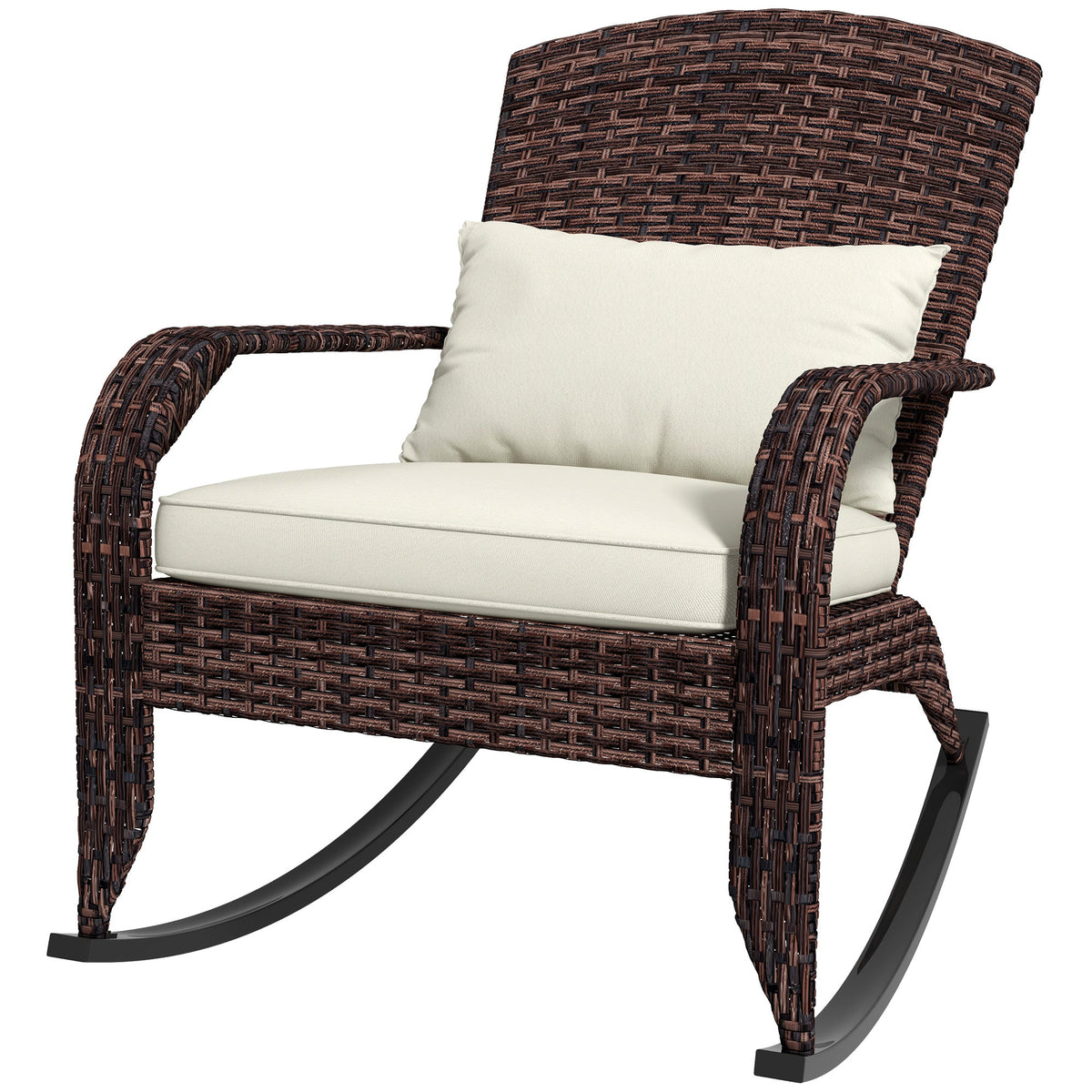 Wicker Adirondack Rocking Chair with Cushion and Pillow, Cream White/Brown