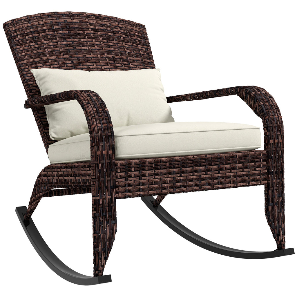 Wicker Adirondack Rocking Chair with Cushion and Pillow, Cream White/Brown