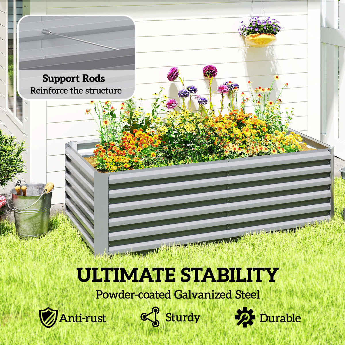 6' x 3' x 2' Galvanized Raised Garden Bed for Vegetables, Light Grey