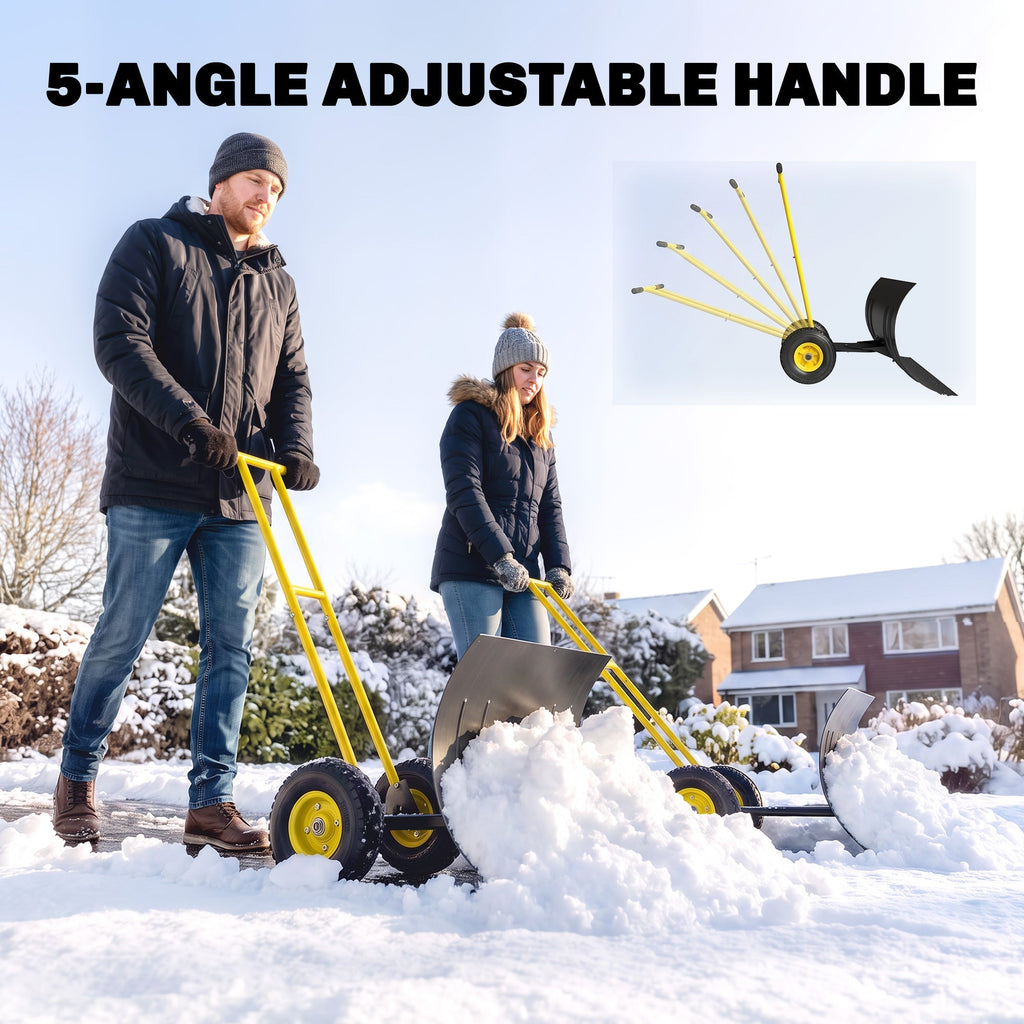 Snow Pusher with Wheels, 5-Level Handle & 7-Angle Blade, 29" x 18" Yellow