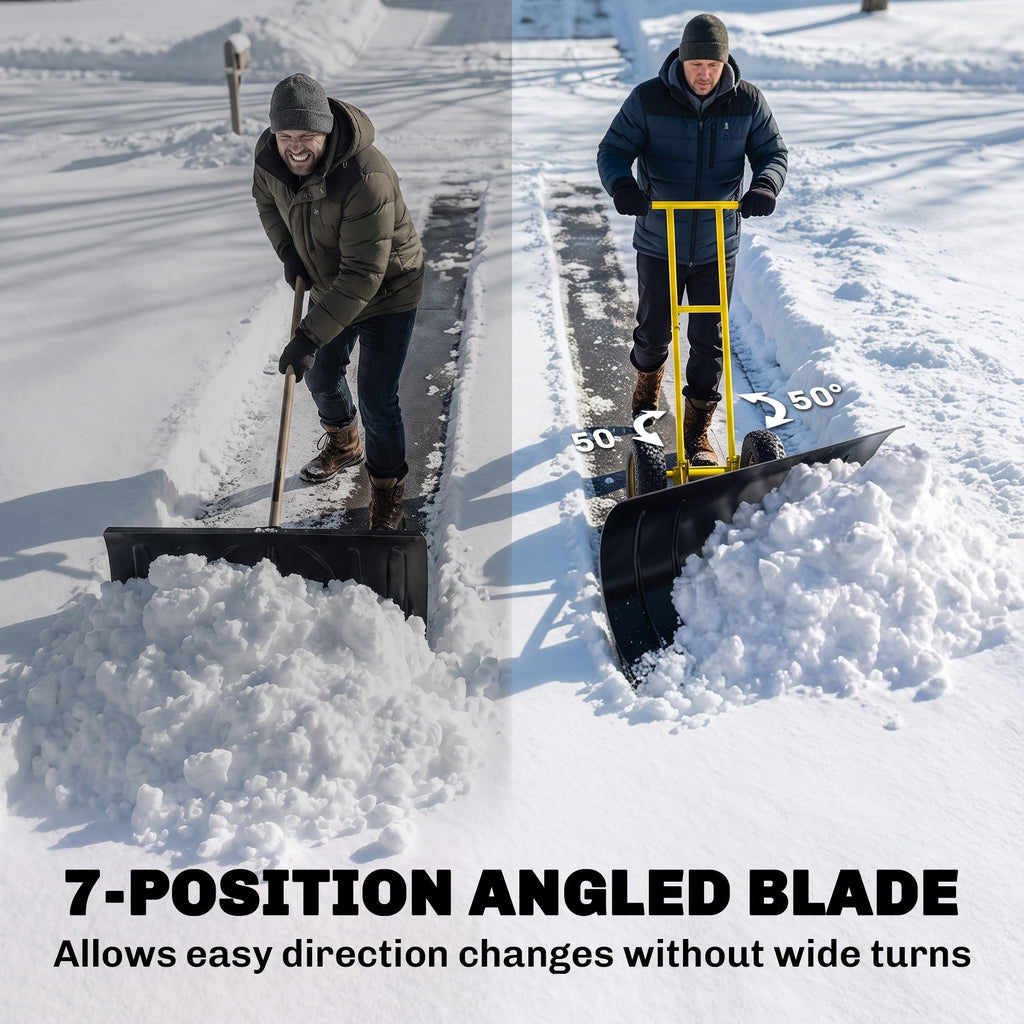 Snow Pusher with Wheels, 5-Level Handle & 7-Angle Blade, 29" x 18" Yellow