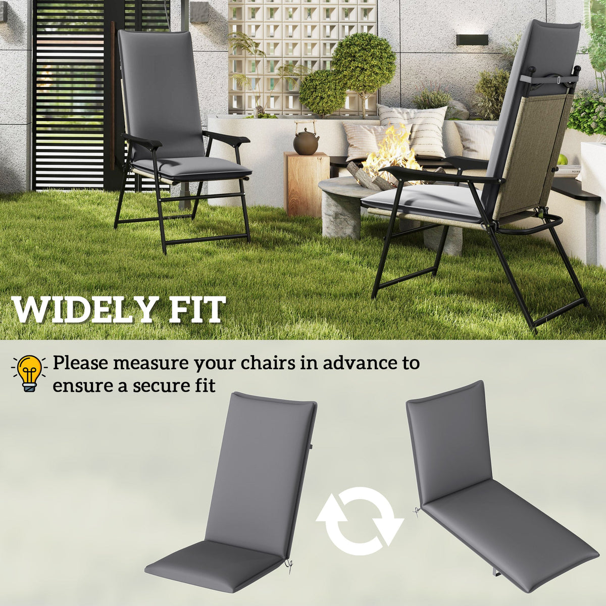 Set of 2 High Back Patio Chair Cushions with Ties, Dark Grey