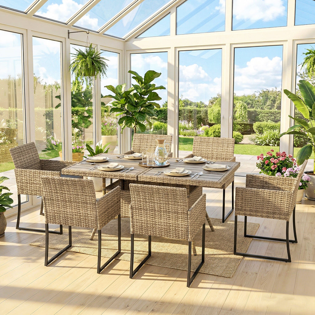 7-Piece Dark Grey Rattan Dining Set with WPC Table, 6 Chairs & Cushions