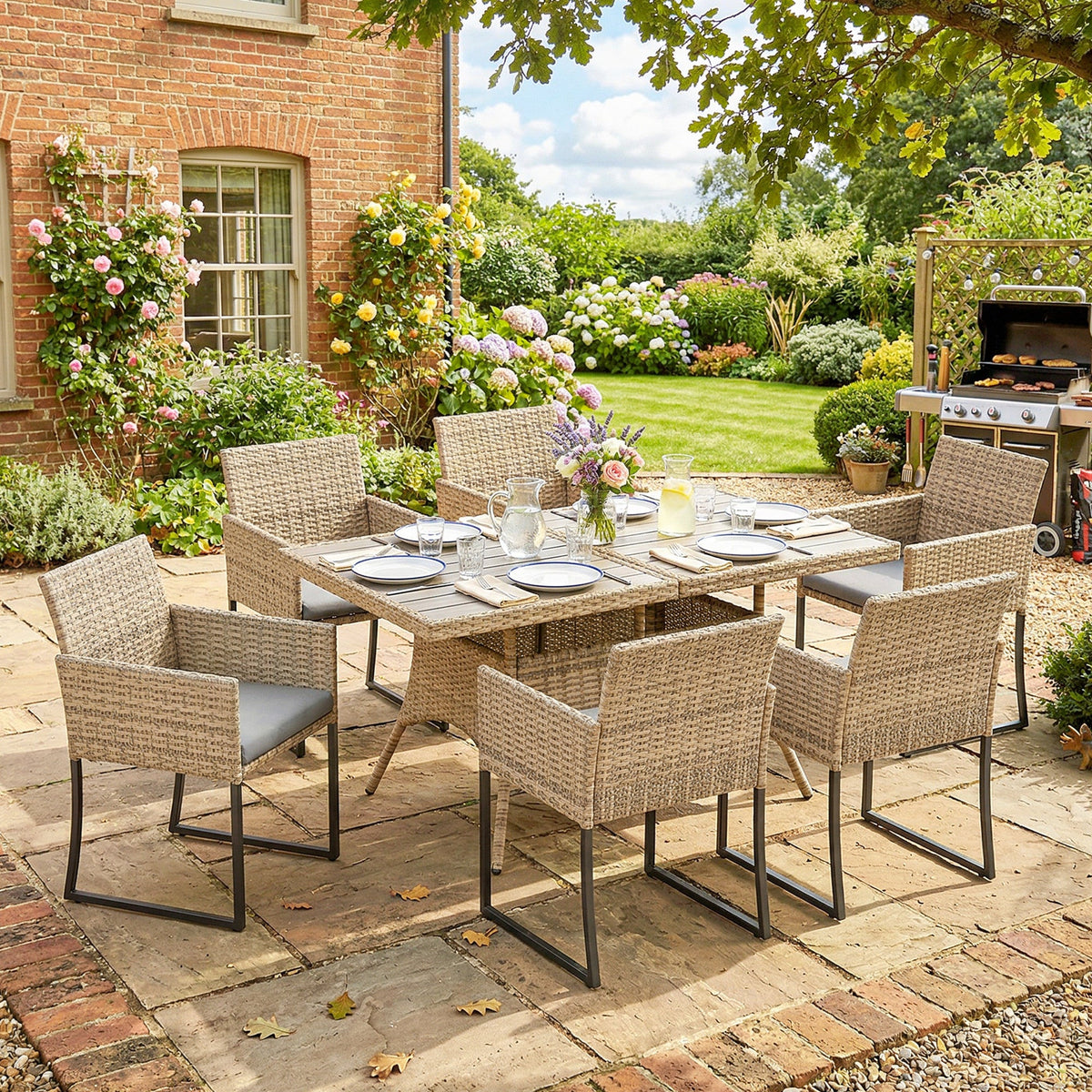 7-Piece Dark Grey Rattan Dining Set with WPC Table, 6 Chairs & Cushions