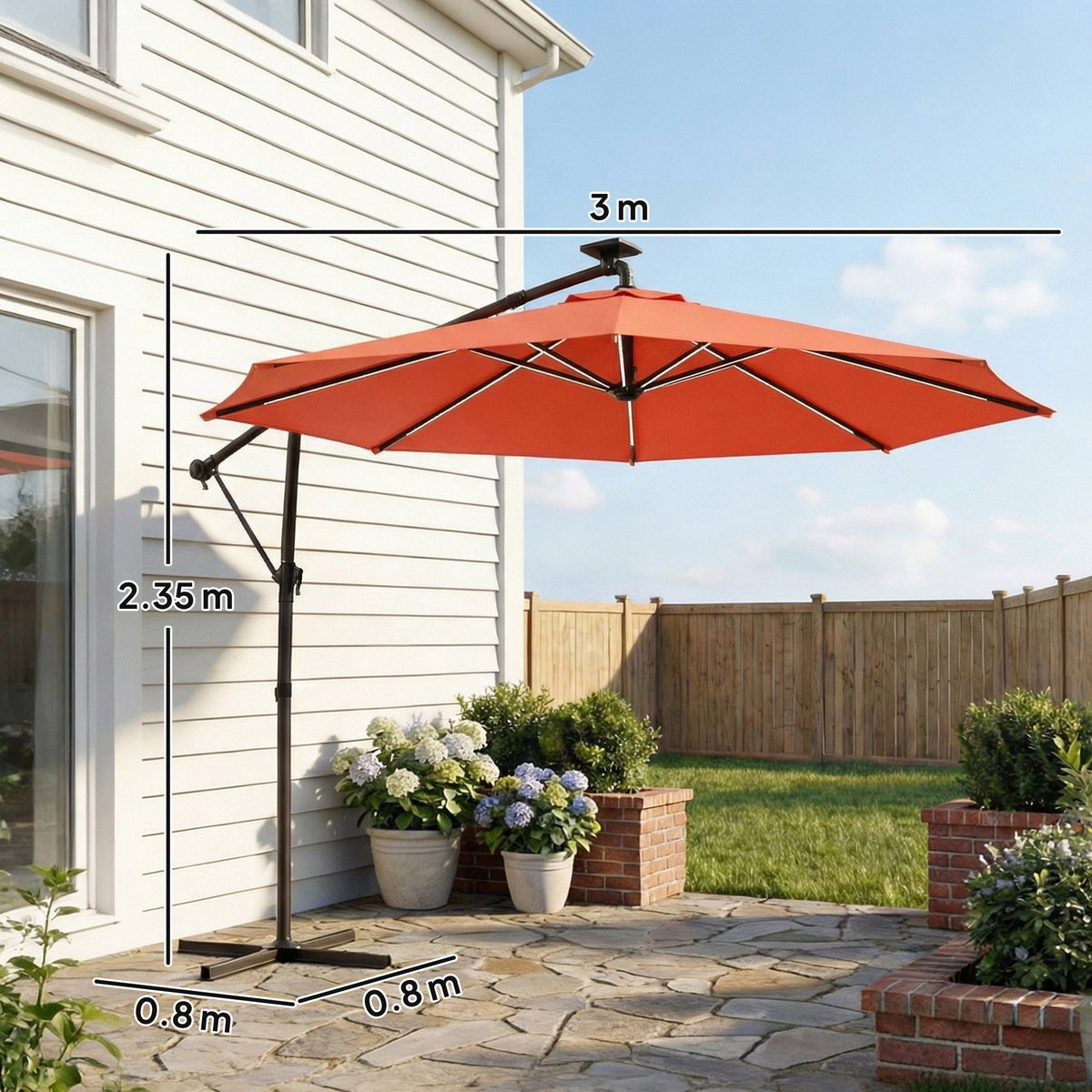 3 m Cantilever Parasol with Solar LED Light, Cover & 360° Rotation, Orange