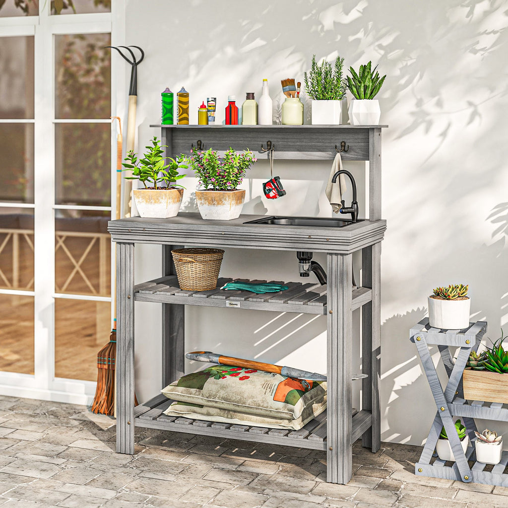 Outdoor Potting Bench Table with Faucet, Sink, Shelves and Hooks, Grey