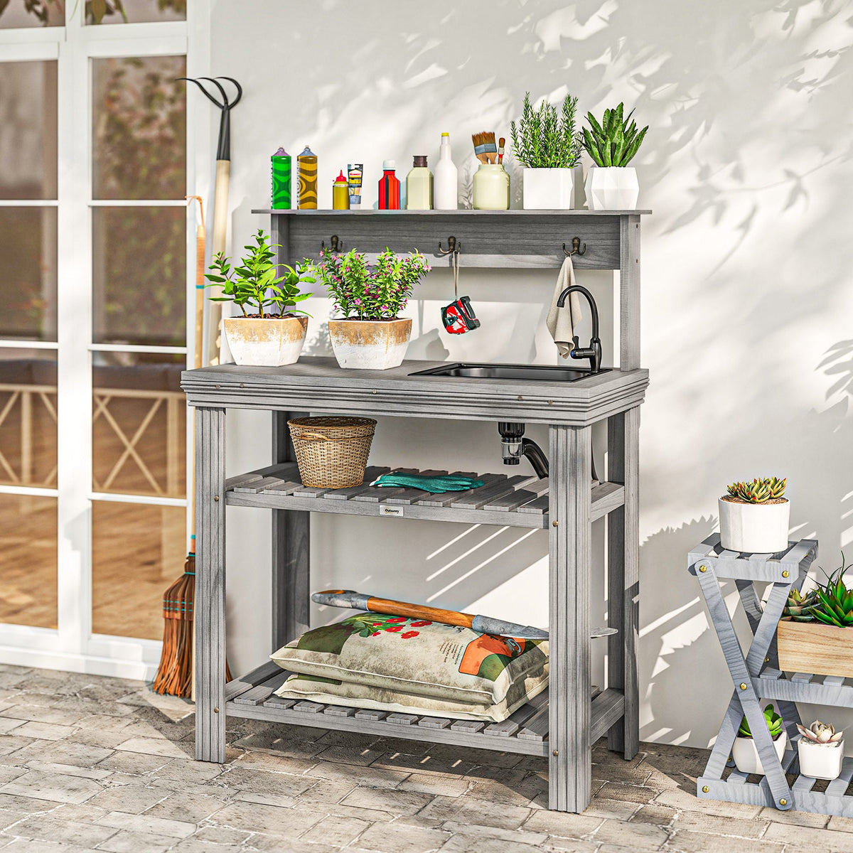 Outdoor Potting Bench Table with Faucet, Sink, Shelves and Hooks, Grey