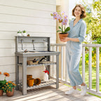 Outdoor Potting Bench Table with Faucet, Sink, Shelves and Hooks, Grey