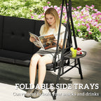 3-Seat Patio Swing Chair with Adjustable Canopy and Side Tray, Black