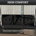3-Seat Patio Swing Chair with Adjustable Canopy and Side Tray, Black