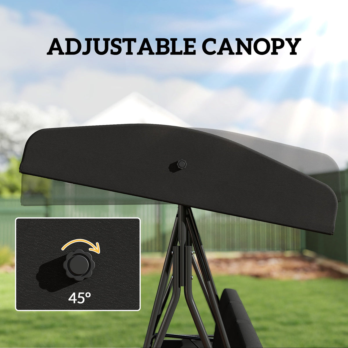 3-Seat Patio Swing Chair with Adjustable Canopy and Side Tray, Black
