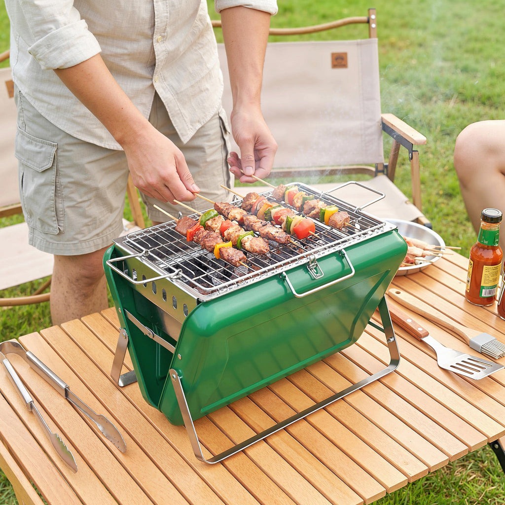 Folding Portable Charcoal BBQ Grill with Handle and Foldable Legs, Dark Green