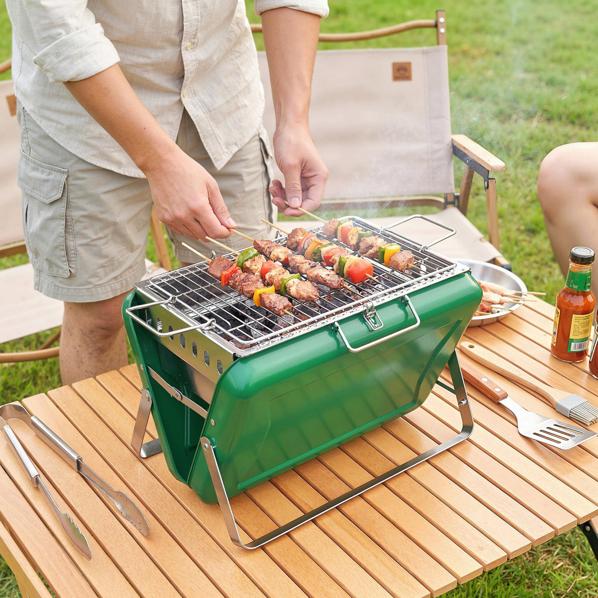 Folding Portable Charcoal BBQ Grill with Handle and Foldable Legs, Dark Green
