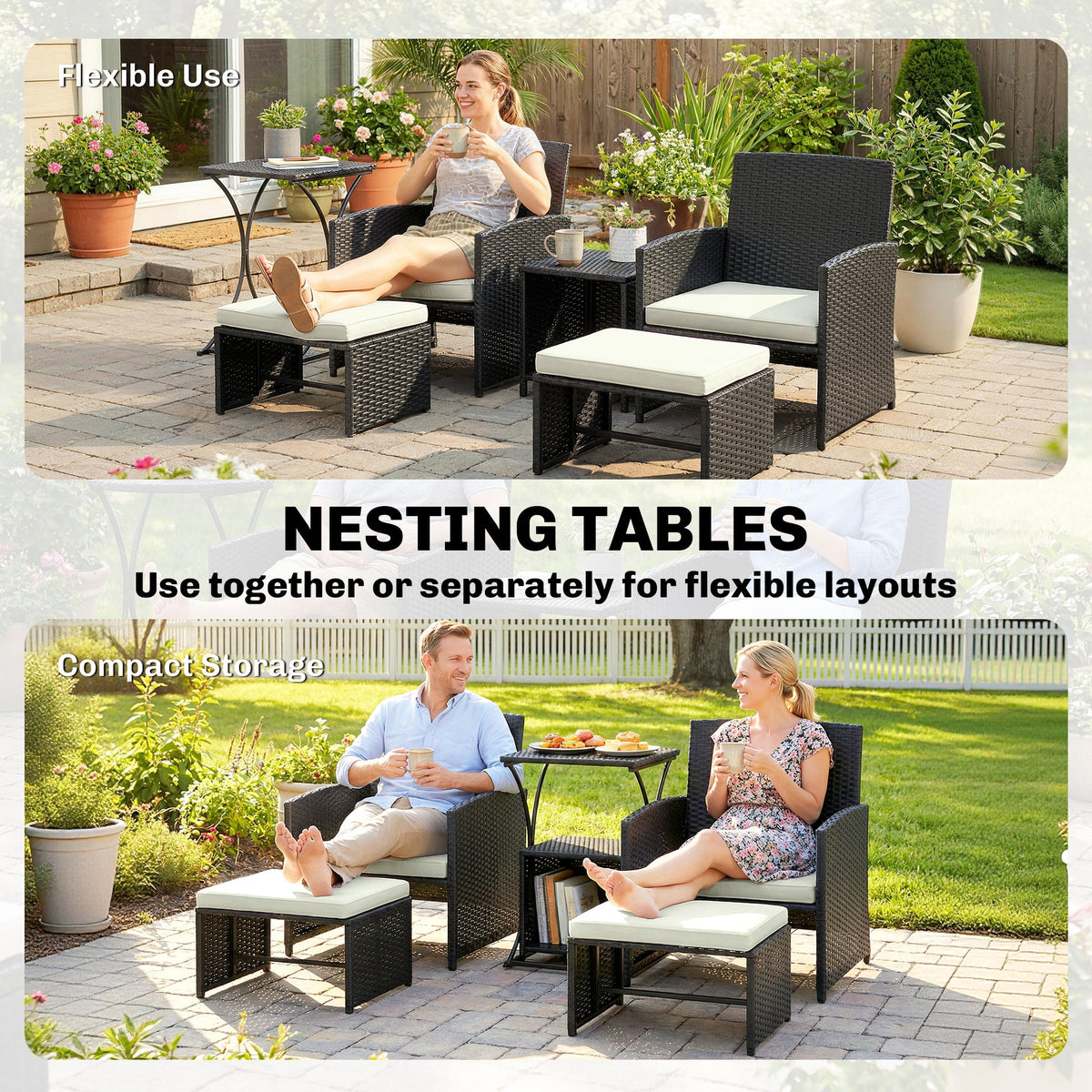 6 Piece Rattan Garden Furniture Set with 2 Nesting Tables, Black