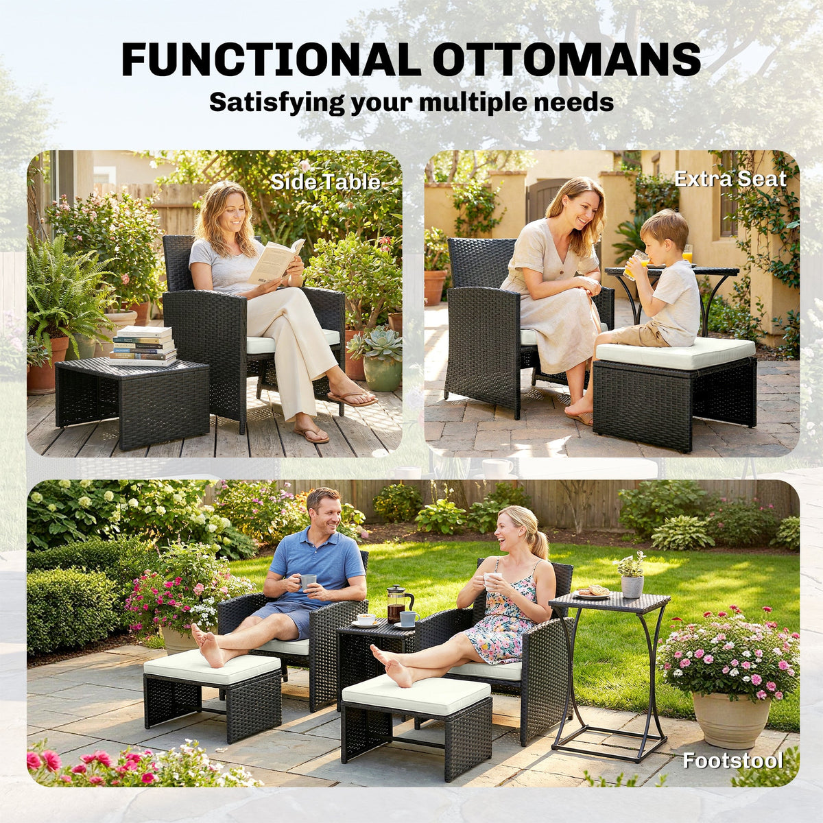 6 Piece Rattan Garden Furniture Set with 2 Nesting Tables, Black