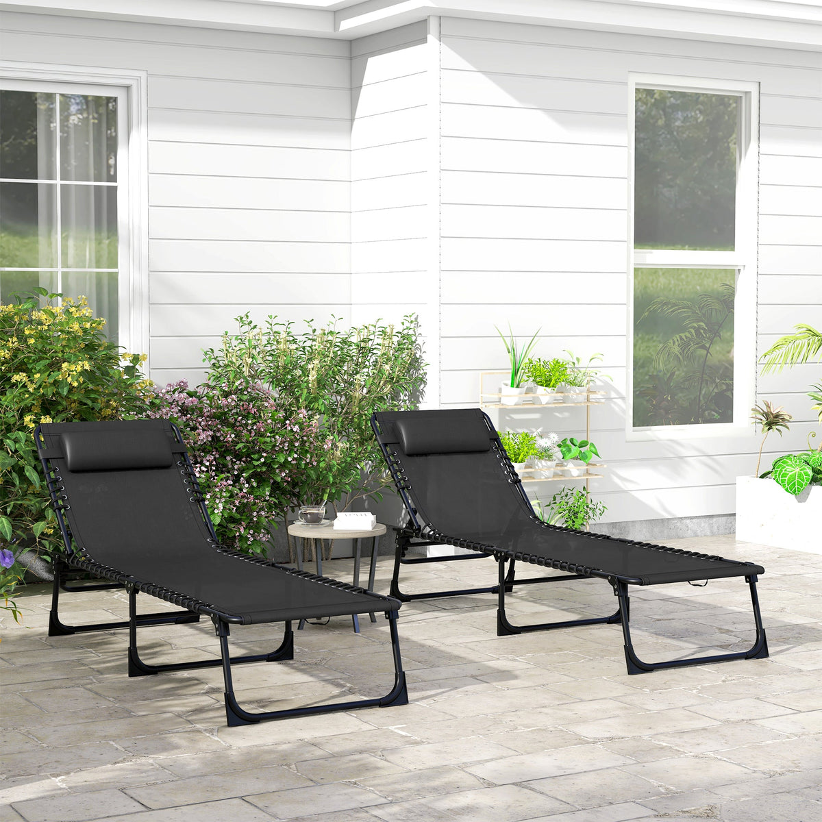 2-Piece Folding Chaise Lounge Set for Poolside or Beach, Black