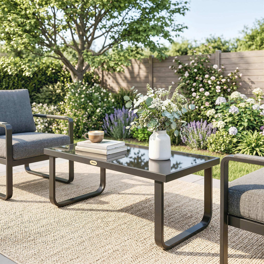 Outdoor Metal Coffee Table 90x45x33 cm with Tempered Glass Top, Black