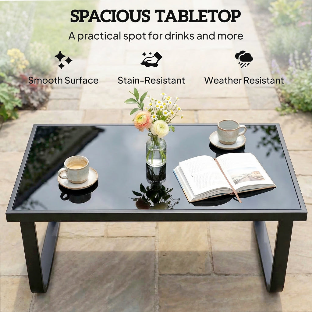 Outdoor Metal Coffee Table 90x45x33 cm with Tempered Glass Top, Black