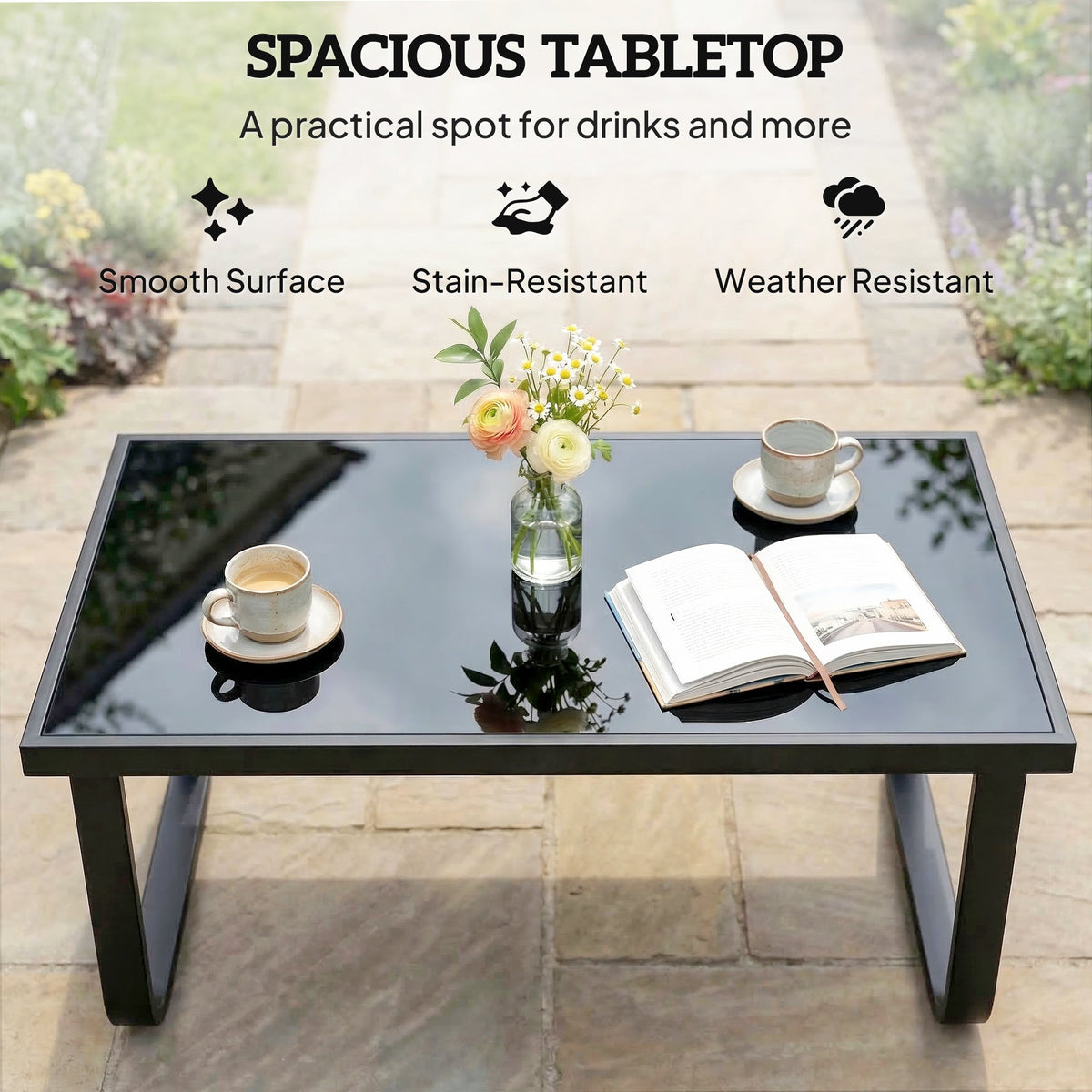 Outdoor Metal Coffee Table 90x45x33 cm with Tempered Glass Top, Black