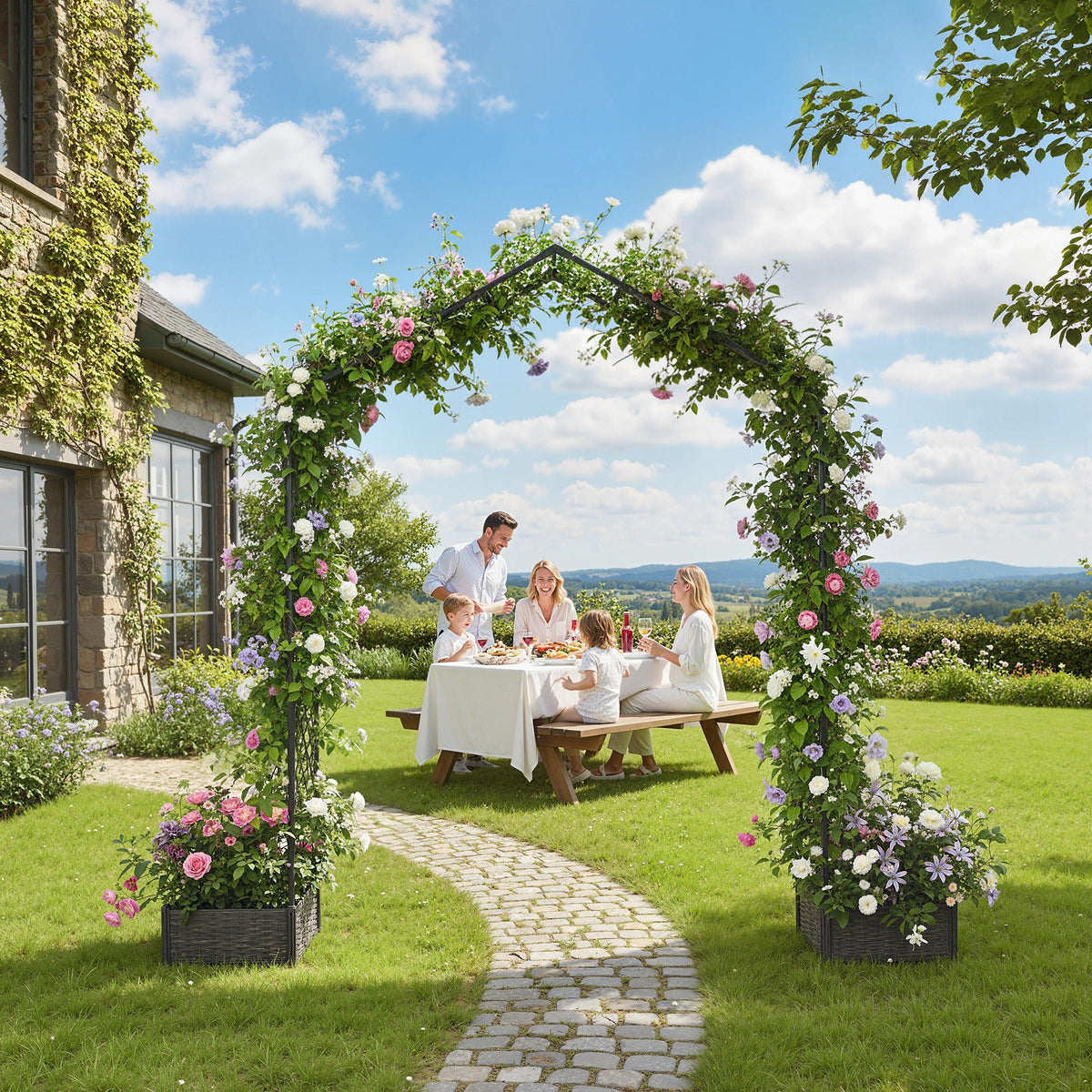 7.3ft Garden Arch with 2 Planter Boxes for Climbing Plants, Black