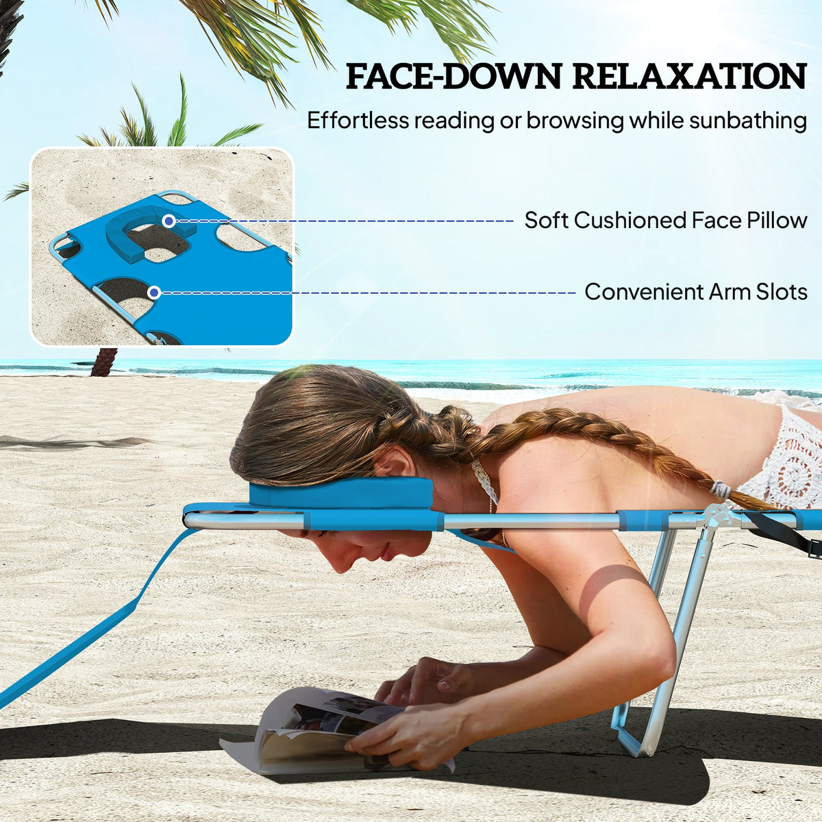 Folding Lounge Chair with Face Hole, Side Pocket and Strap, Blue