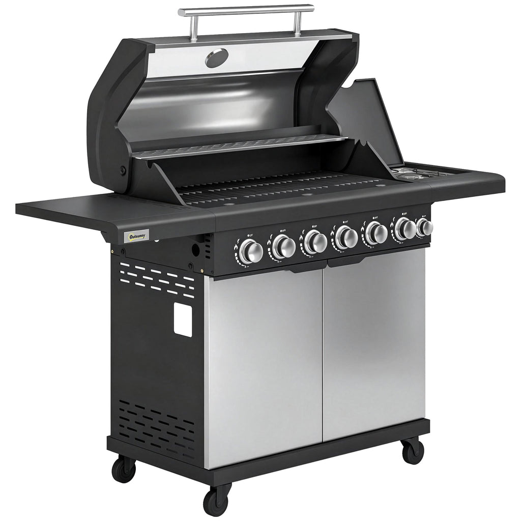 6+1 Burner Gas BBQ Grill with Cabinet and Viewing Window, Silver Tone