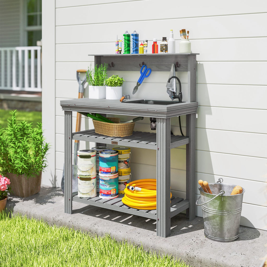 Outdoor Potting Bench Table with Faucet, Sink, Shelves and Hooks, Grey