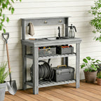 Outdoor Potting Bench Table with Faucet, Sink, Shelves and Hooks, Grey