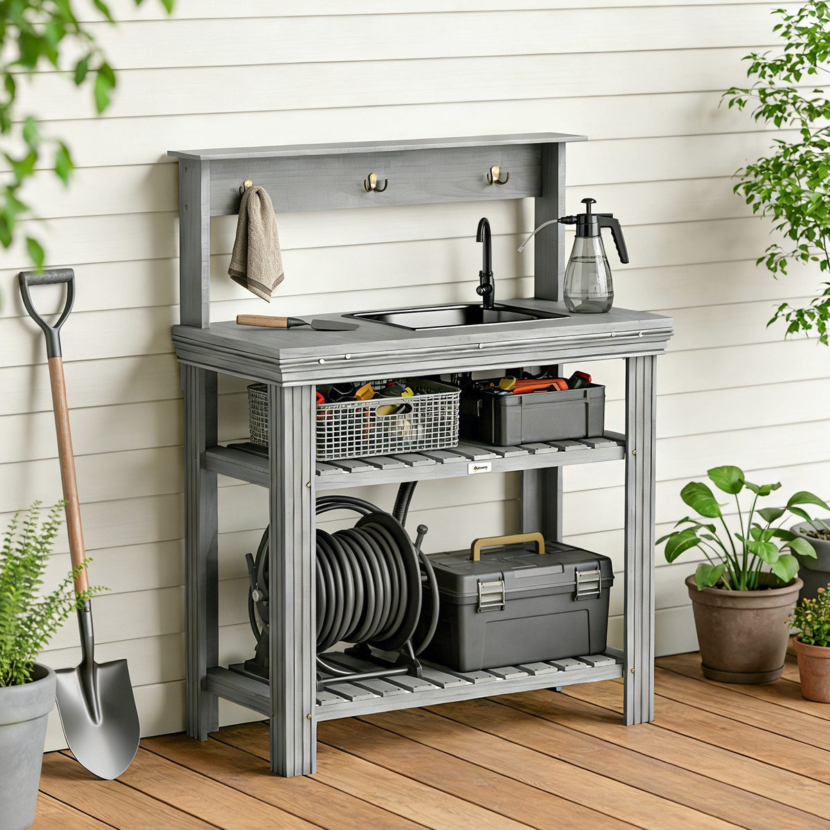 Outdoor Potting Bench Table with Faucet, Sink, Shelves and Hooks, Grey