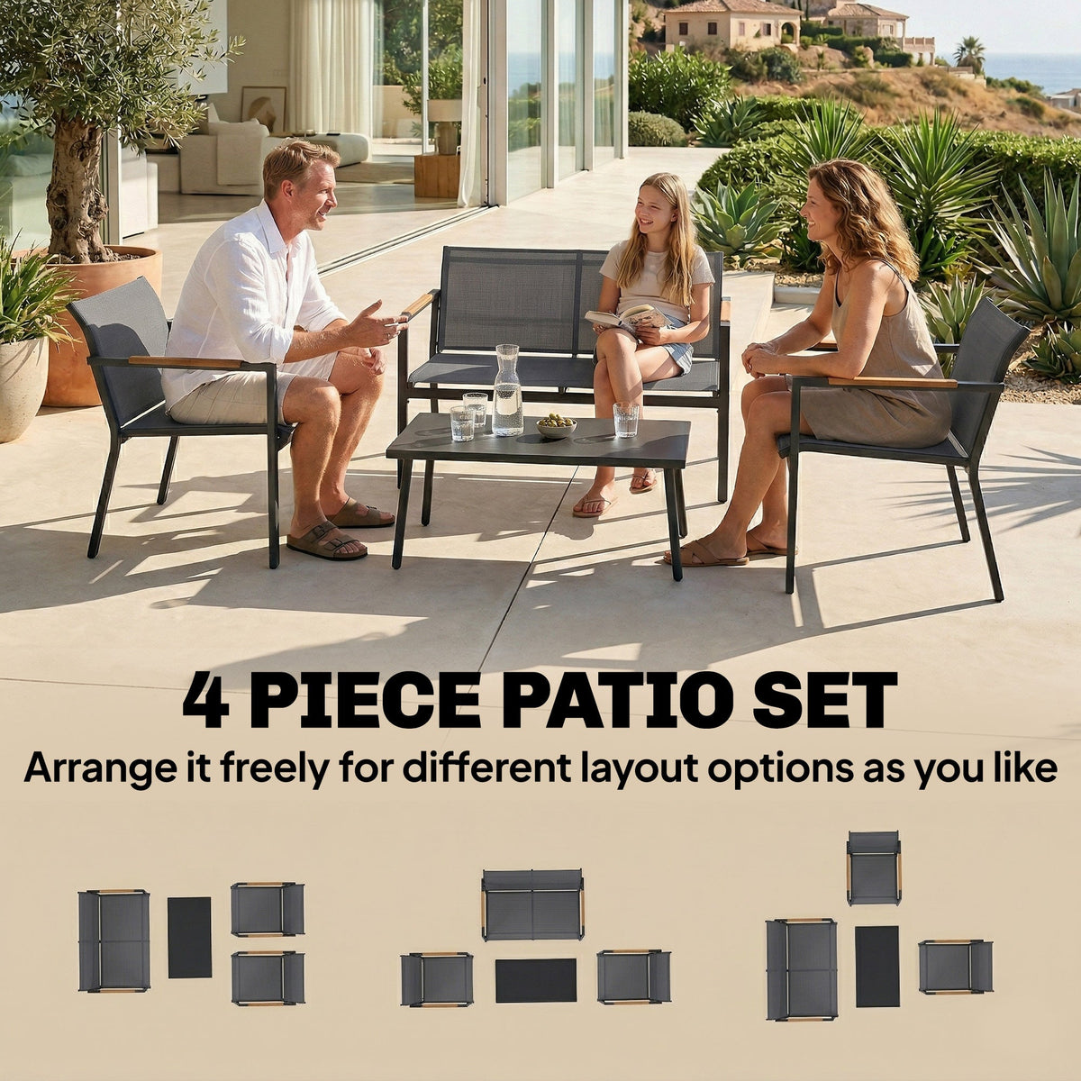 4-Seater Outdoor Sofa Set with Loveseat, 2 Armchairs & Metal Table, Mesh, Grey